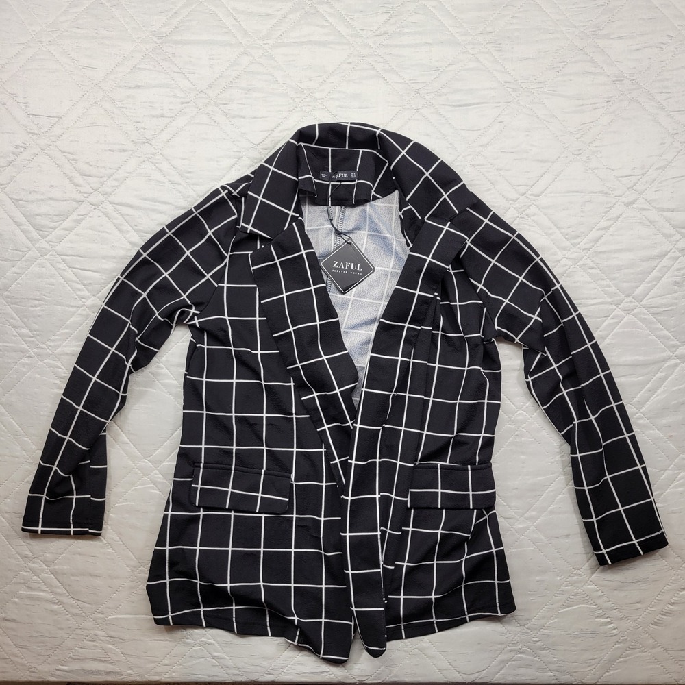 Zaful‎ black & white grid open front blazer size M nwt